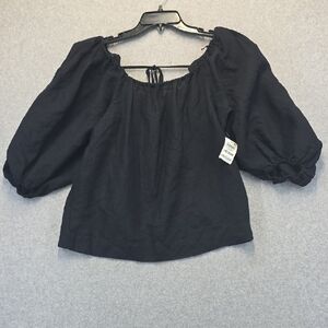ON 34th Black Puff Sleeve Cropped Blouse Linen Blend Size M